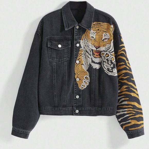 Jackets & Blazers - Denim jacket black Embroidered Tiger Denim Jacket